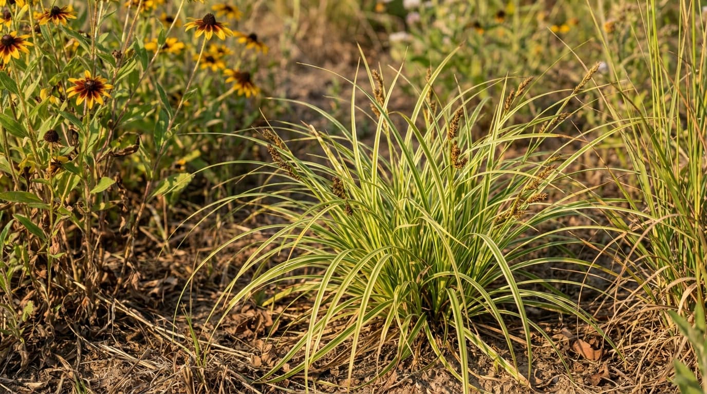 Variegated Japanese Sedge growing in a garden