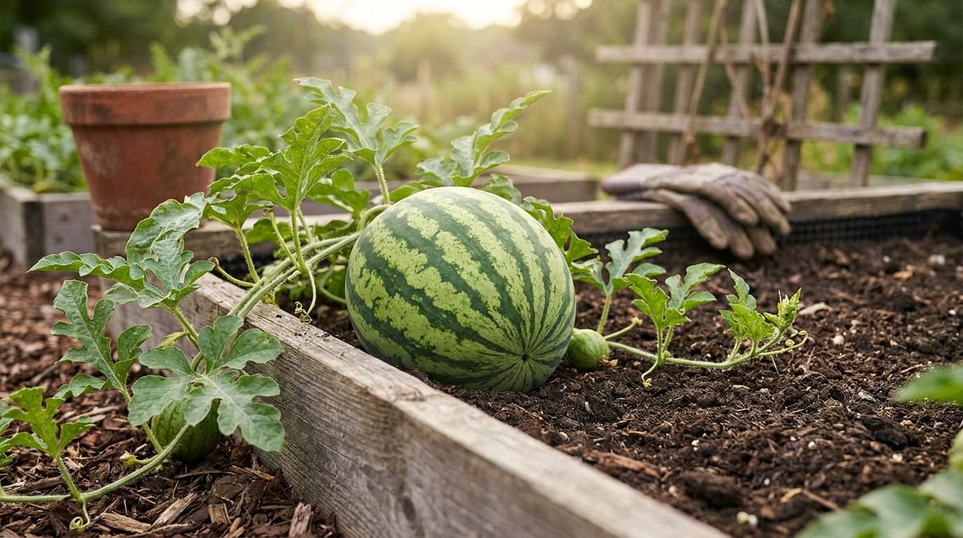 Watermelon growing in a garden