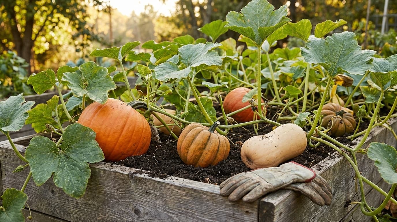 Winter Squash growing in a garden
