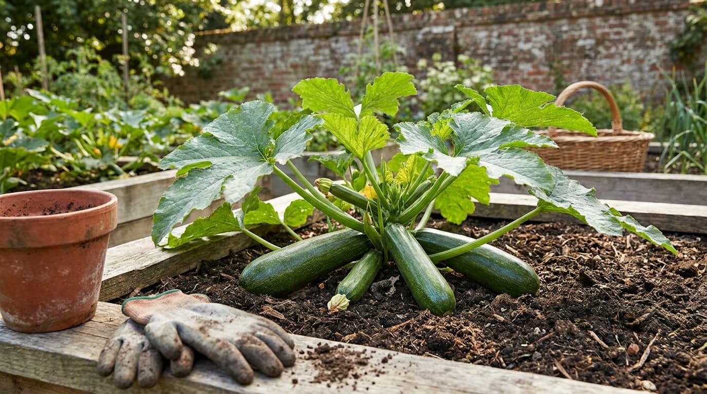 Zucchini growing in a garden