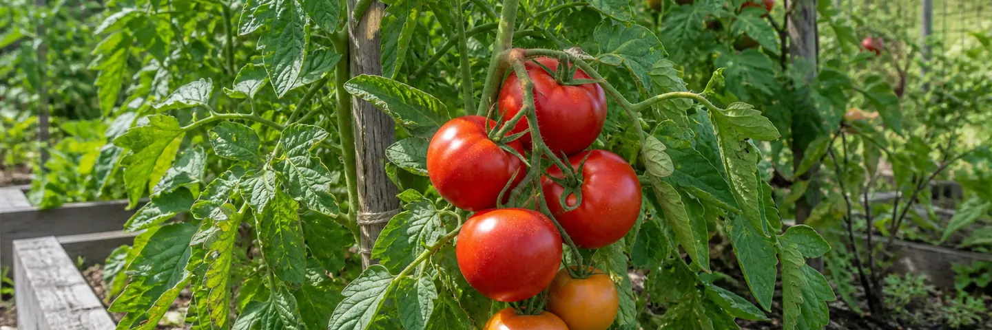 Ripe and ripening tomatoes on a healthy garden plant